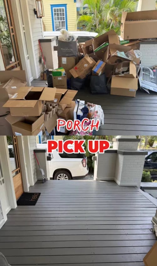 Before and after comparison showing cluttered porch piled with cardboard boxes, then empty cleared porch, labeled Porch Pickup