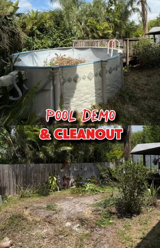 Above-ground pool with debris in backyard surrounded by tropical plants and wooden structures