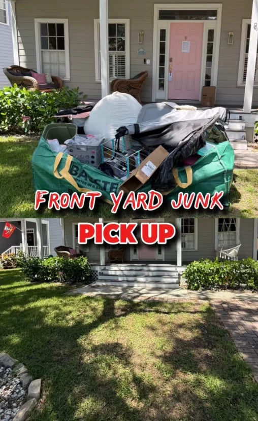Before and after front yard junk removal service showing overstuffed dumpster and cleaned yard