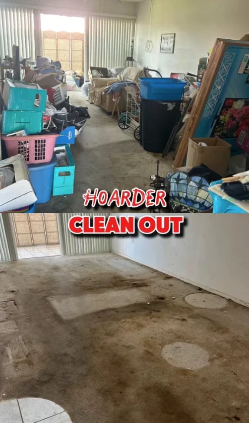 Before and after hoarding cleanup comparison showing cluttered room filled with items transformed into empty clean space