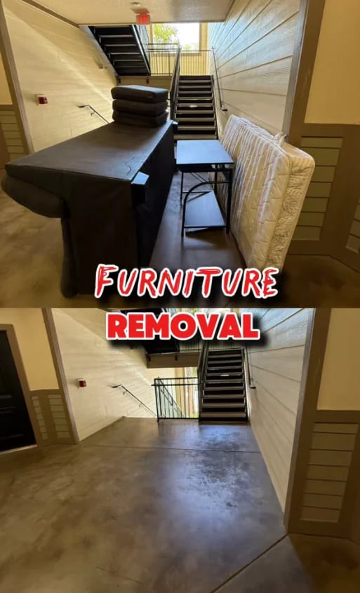 Before and after furniture removal from a hallway with stairs, showing cluttered space above and empty cleared space below