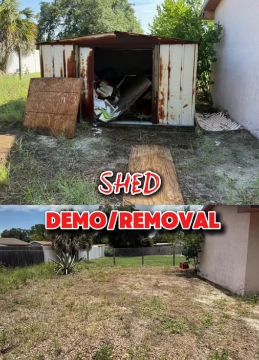 Before and after comparison of a rusted metal shed removal project with the debris-filled shed above and cleared yard space below